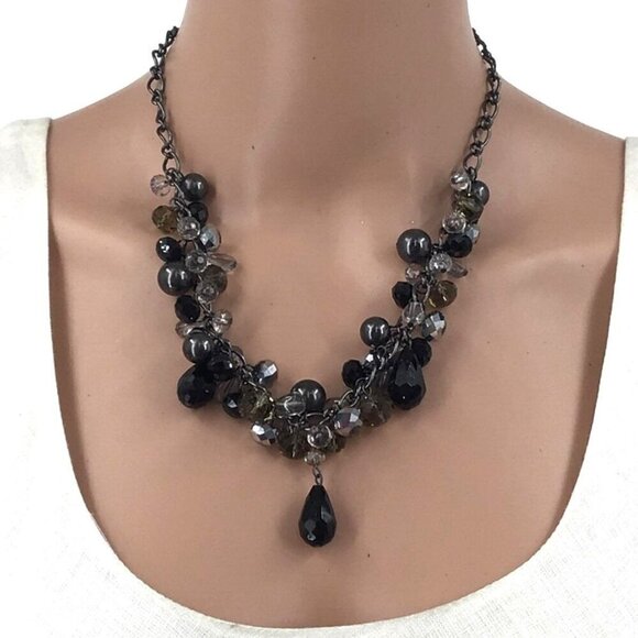 Beaded Fringe Necklace Silver Tone Black Adjusted Length - Picture 1 of 3